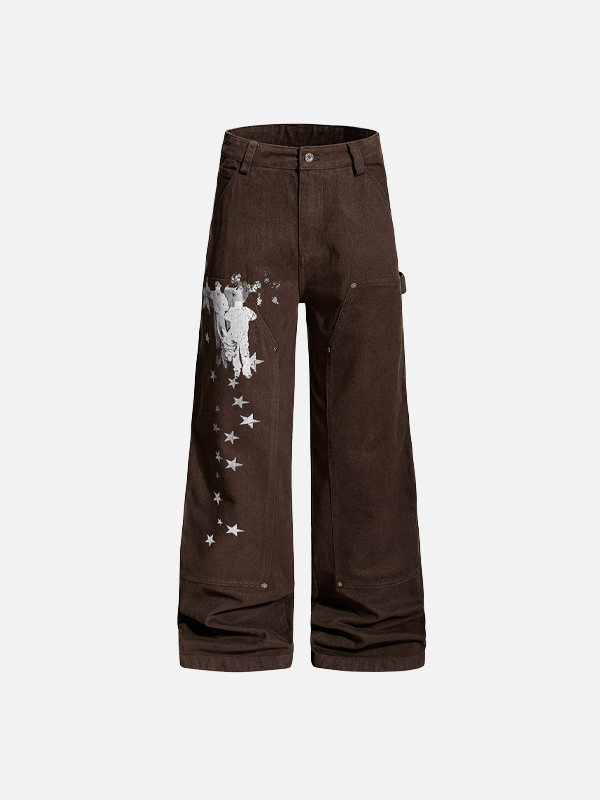 Trendy Print Design Wide Leg Denim Cargo Jeans - Luxuryurbanwear