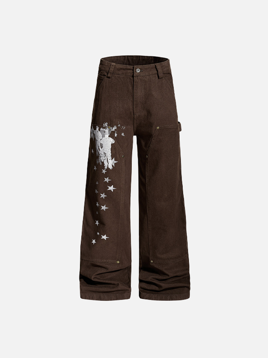 Trendy Print Design Wide Leg Denim Cargo Jeans - Luxuryurbanwear