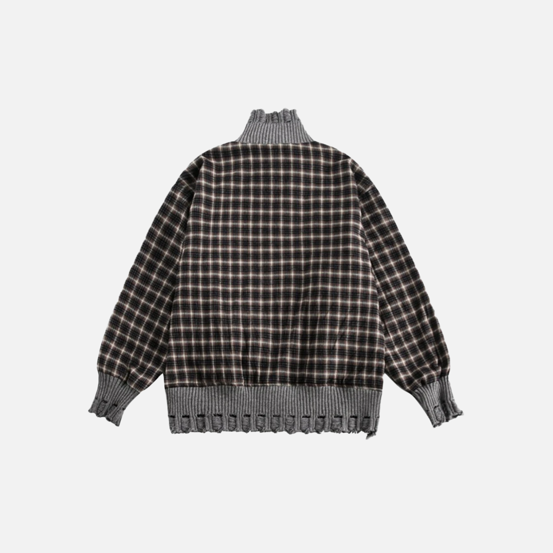 Streetwear Plaid Ripped Hole Unisex Knit Splicing Jacket - Luxuryurbanwear