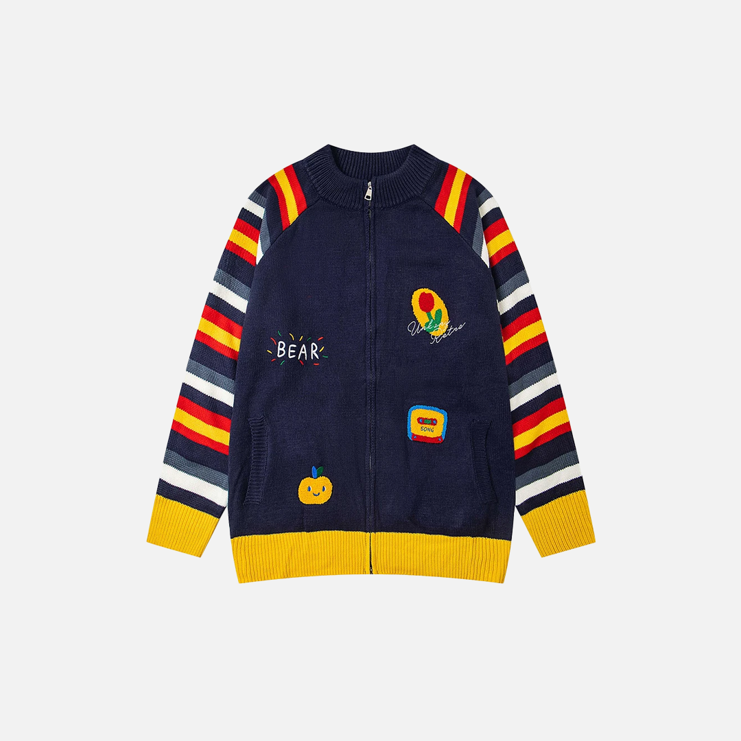 Color Block Single Breasted Embroidery Knitted Cardigan - Luxuryurbanwear