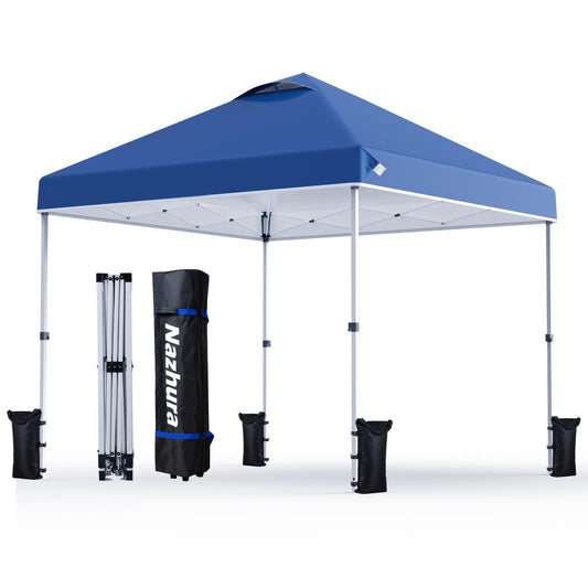 Nazhura 10 x 10 Pop Up Canopy Tent with Sand Weight Bag Freestanding Sun Shelter for Picnic and Camping One Person Setup and Height Adjustable (Blue)