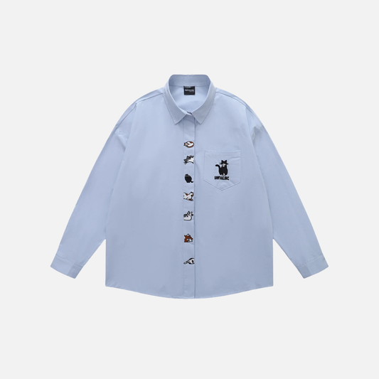 Premium Cats Embroidery Loose Long Sleeve Shirt - Luxuryurbanwear