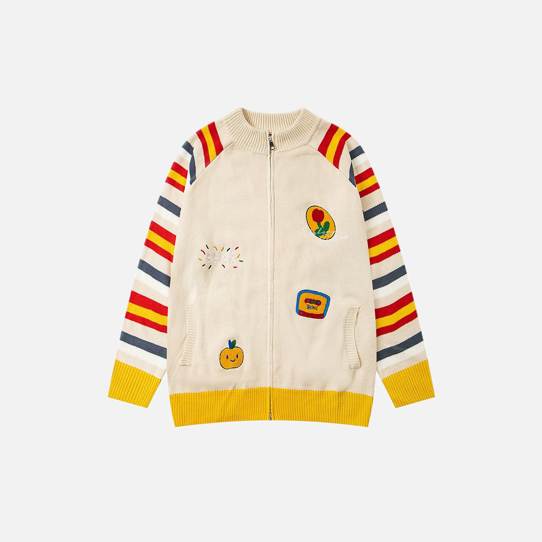 Color Block Single Breasted Embroidery Knitted Cardigan - Luxuryurbanwear
