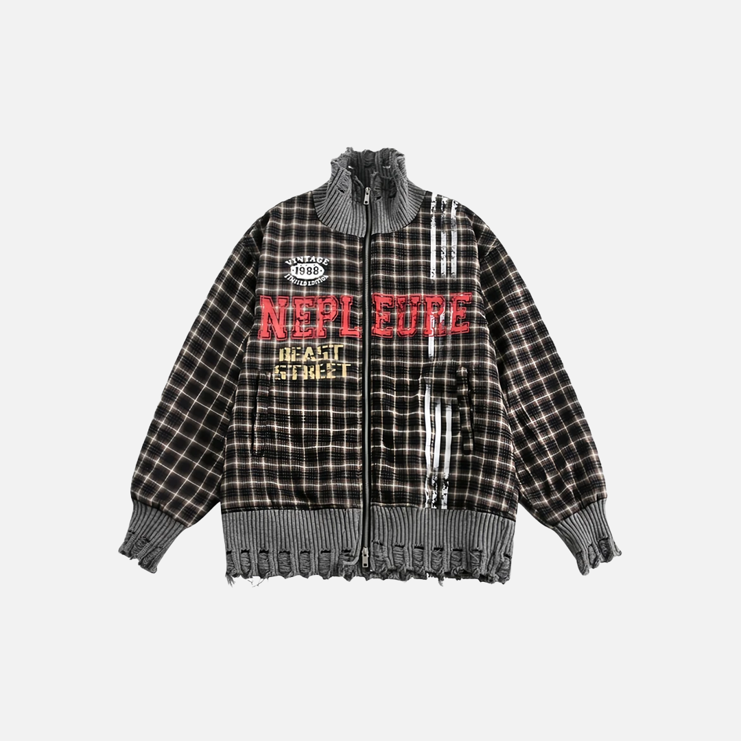 Streetwear Plaid Ripped Hole Unisex Knit Splicing Jacket - Luxuryurbanwear