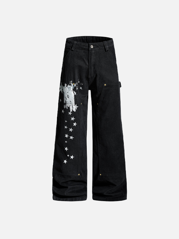 Trendy Print Design Wide Leg Denim Cargo Jeans - Luxuryurbanwear