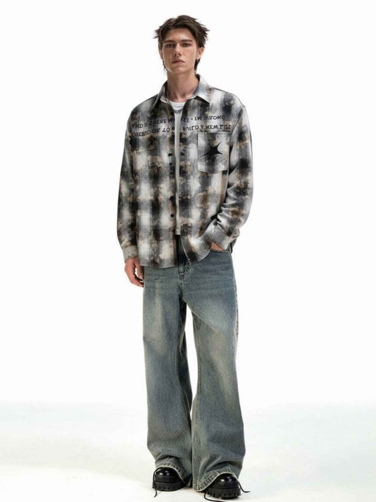 Streetwear Washed Distressed Plaid Long Sleeve Shirt
