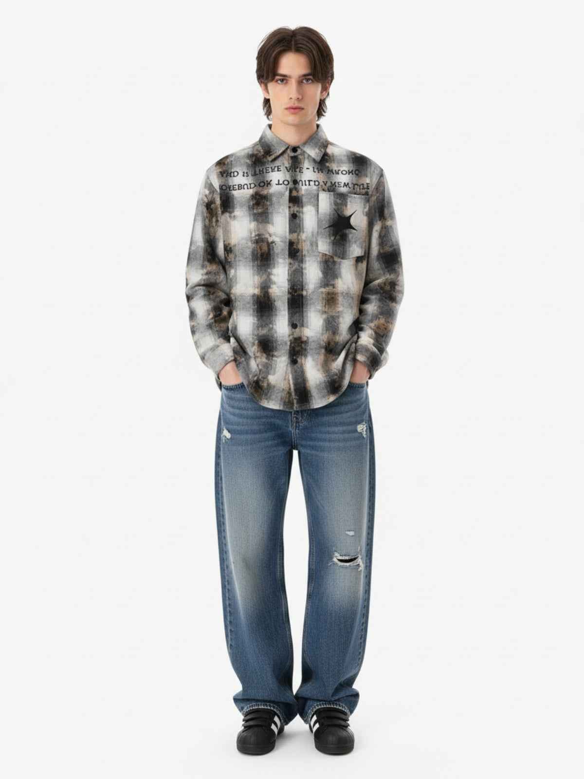 Streetwear Washed Distressed Plaid Long Sleeve Shirt