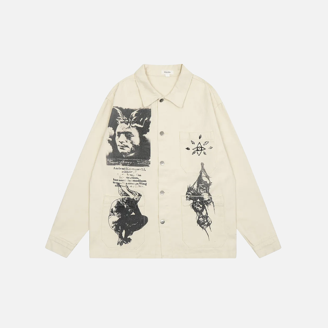Fashionable Retro Demon Print Cargo Casual Jacket - Luxuryurbanwear