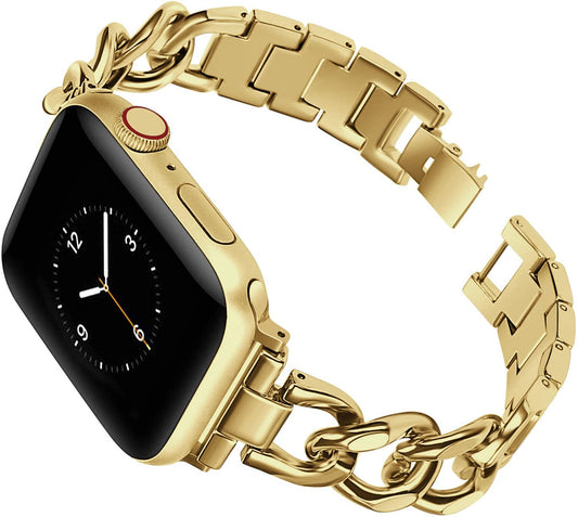 Seoaura Compatible with Apple Watch Band 41mm 40mm 38mm Stainless Steel Metal Cowboy Chain Style Replacement iWatch Series 10 9 8 7 6 5 4 3 2 1 SE Nike+ Sports Strap Wristband (41mm/40mm/38mm Gold)