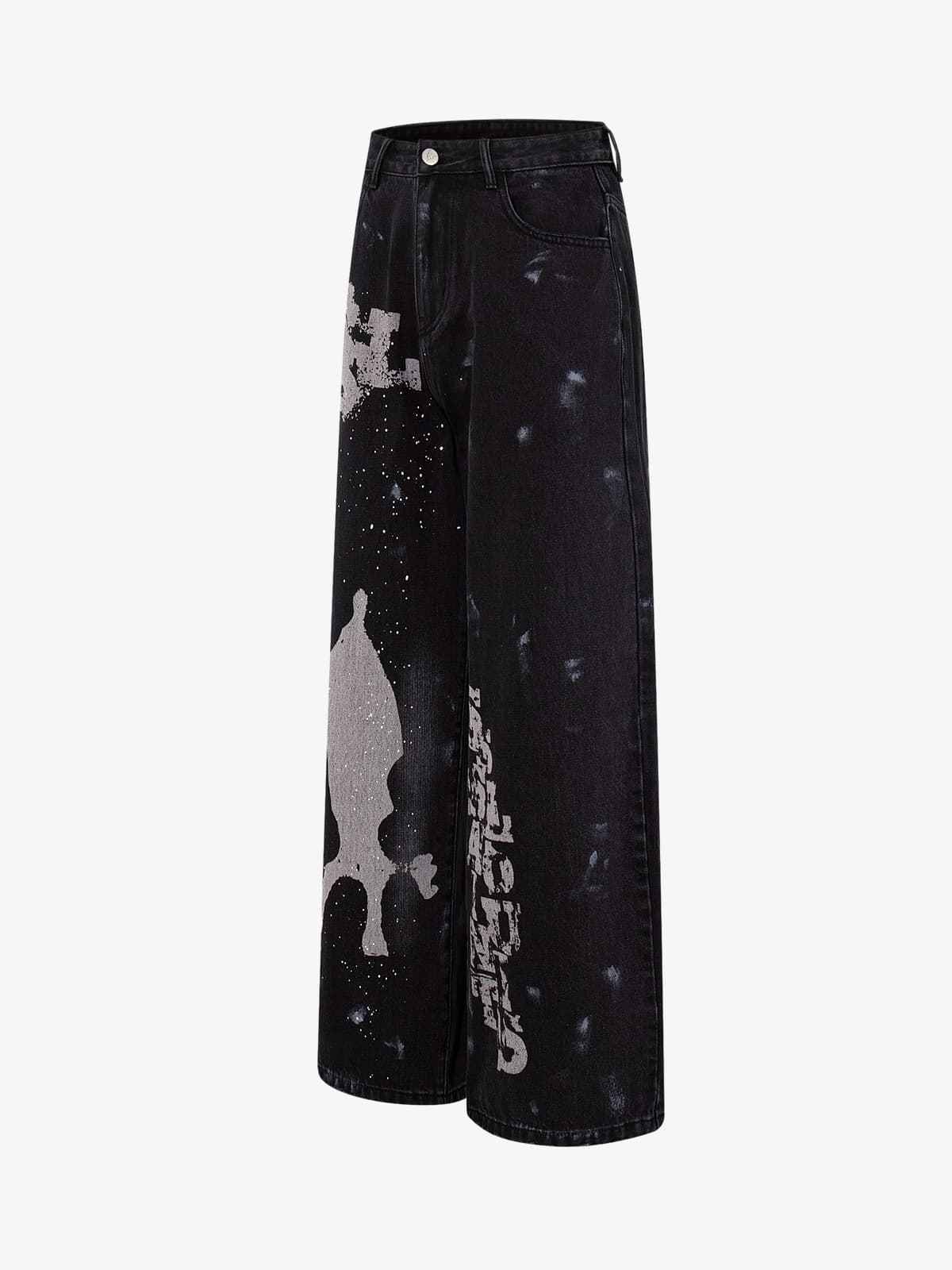 Retro Rhinestone Graffiti Washed Straight Jeans
