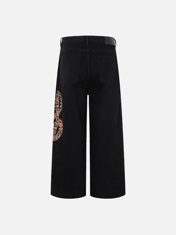 Trendy Leopard Patchwork Black Denim Jeans - Luxuryurbanwear