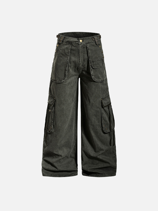 Vintage Button Decorative Wide Leg Cargo Jeans - Luxuryurbanwear