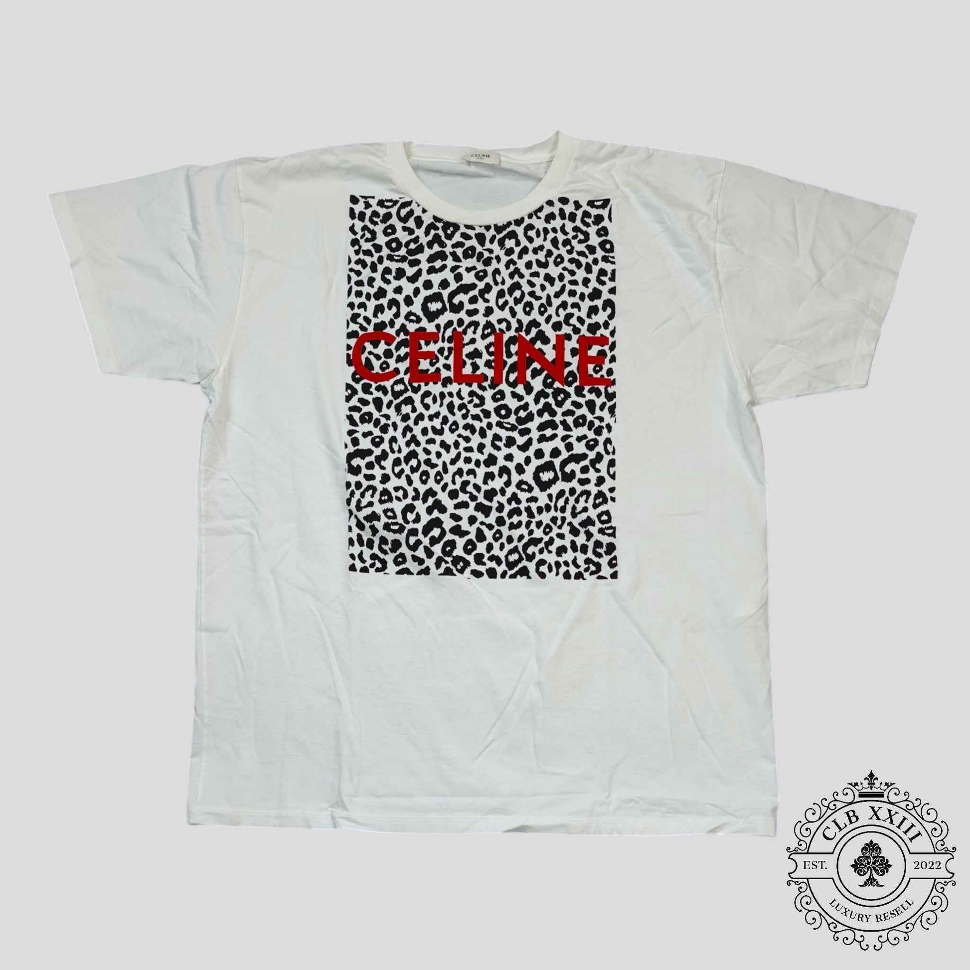 Celine Homme Logo Leopard Print Tee in White