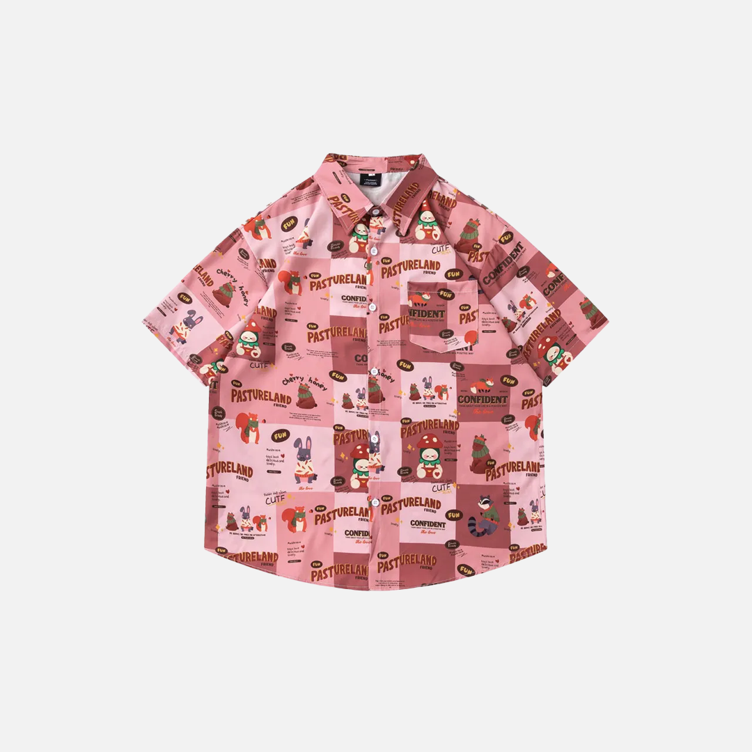 Vibrant Cartoon Graphic Button-Up Beach Shirt - Luxuryurbanwear