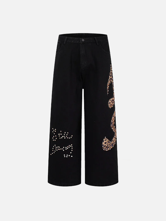 Trendy Leopard Patchwork Black Denim Jeans - Luxuryurbanwear