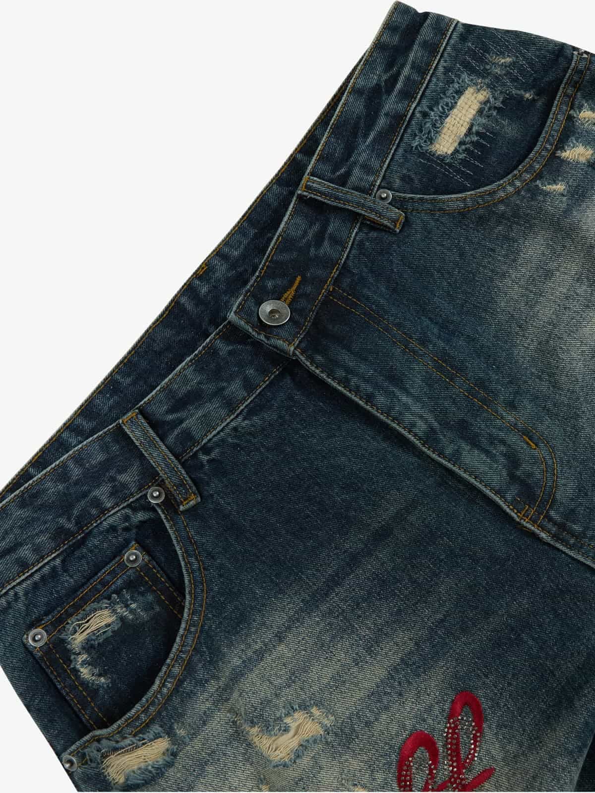 Retro Rhinestone Letter Embroidery Distressed Baggy Jeans - Luxuryurbanwear