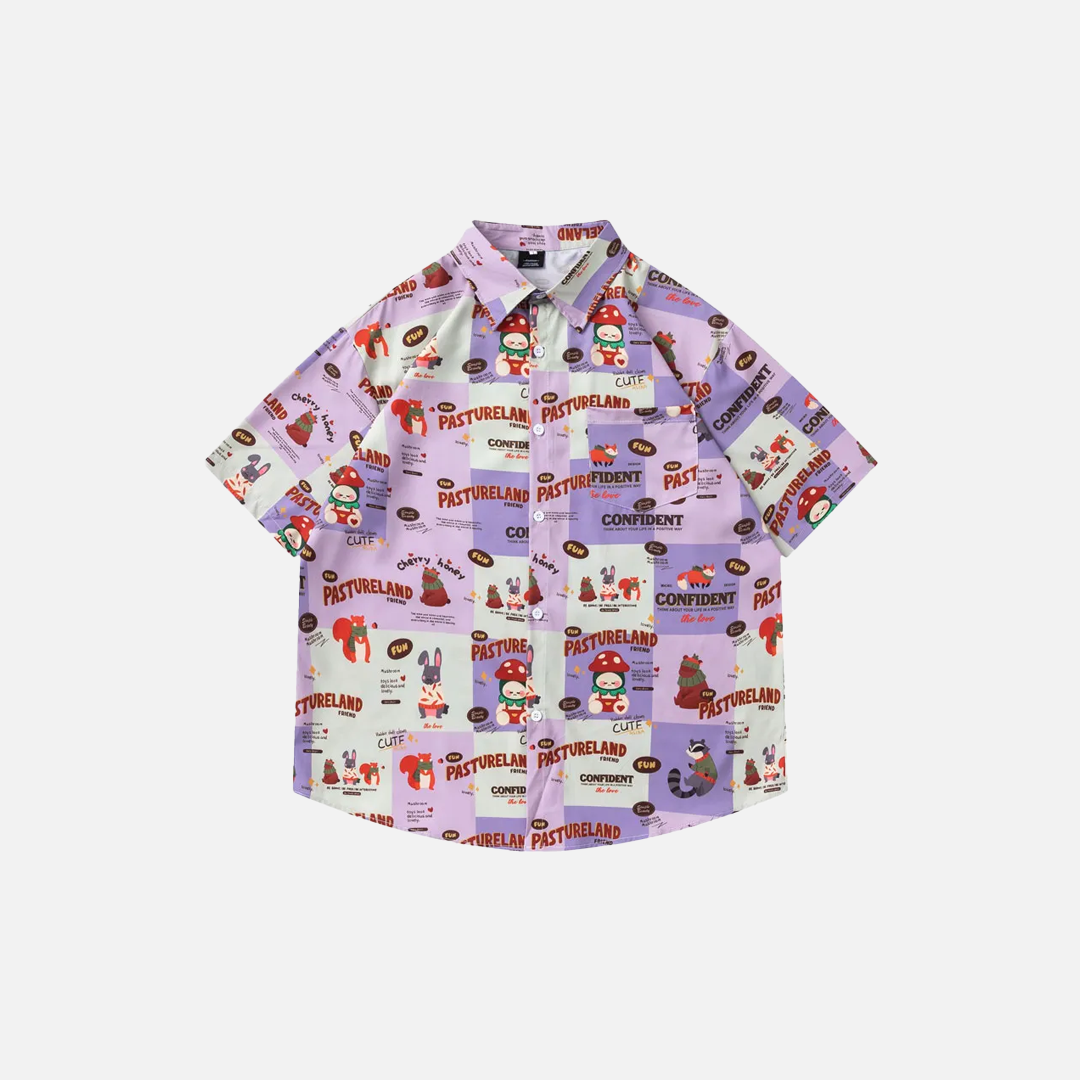 Vibrant Cartoon Graphic Button-Up Beach Shirt - Luxuryurbanwear