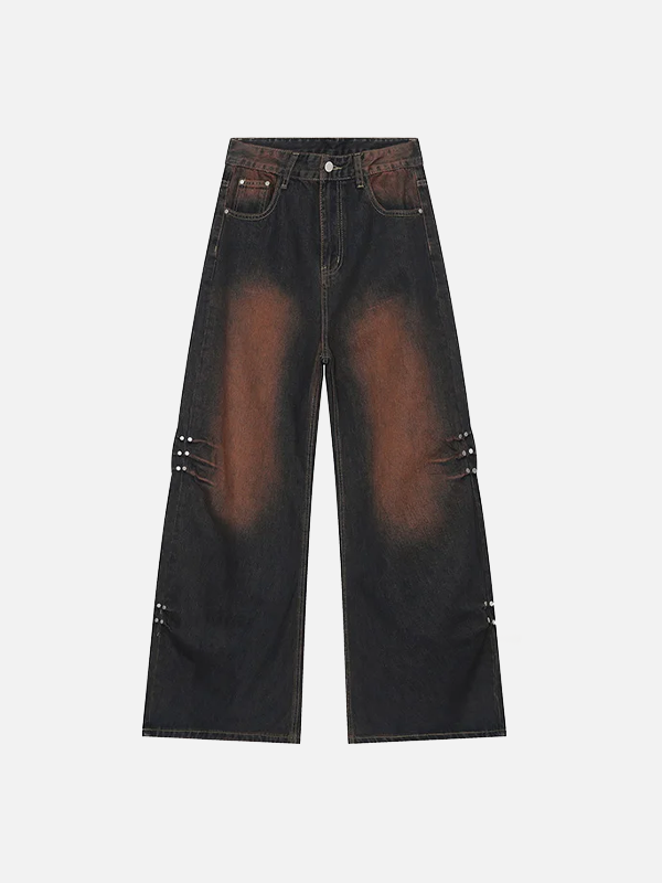 Streetwear Rivet Wide Leg Denim Jeans - Luxuryurbanwear