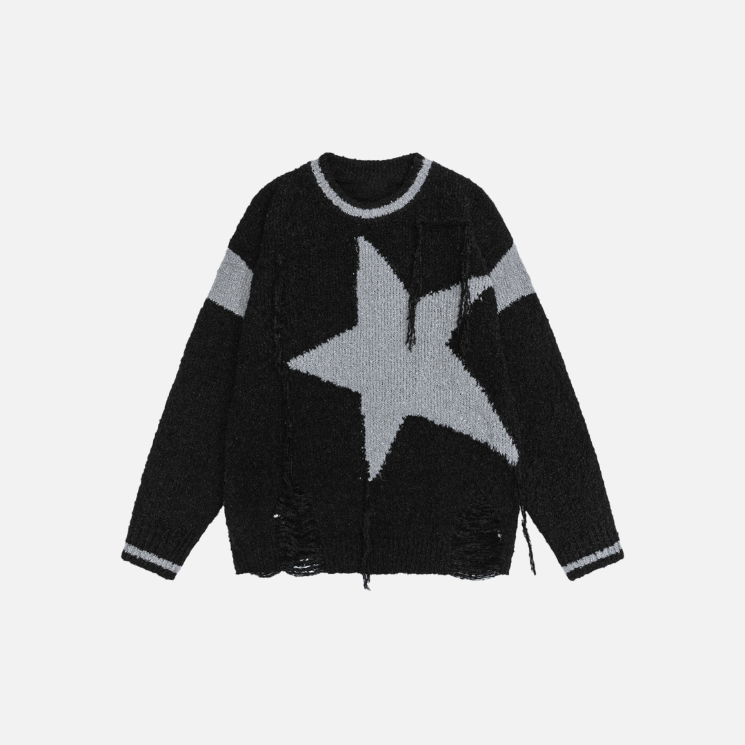 Cozy Ripped Star Printed Crewneck Sweater - Luxuryurbanwear