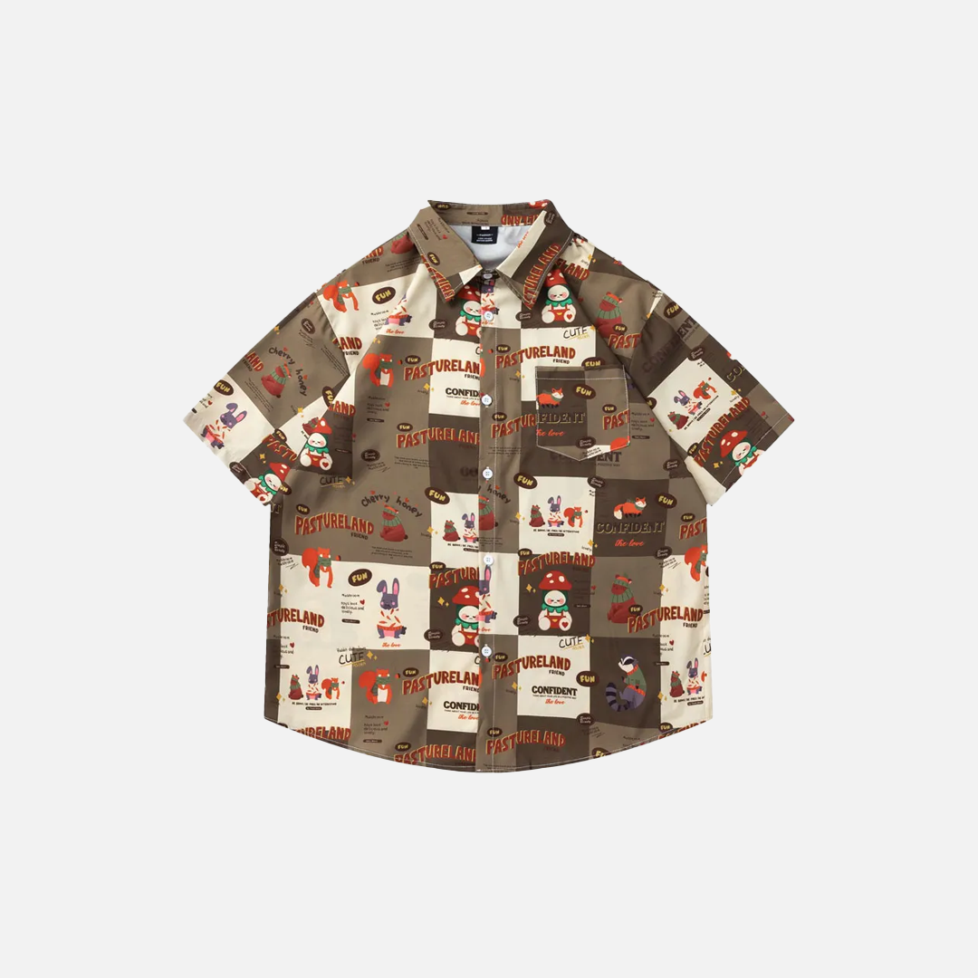 Vibrant Cartoon Graphic Button-Up Beach Shirt - Luxuryurbanwear