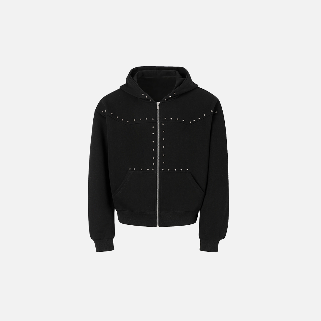 Heavyweight Metal Studs Zip-Up Hooded Sweatshirt - Luxuryurbanwear
