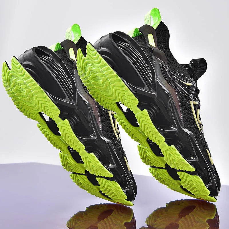 Bottom view of Nova Sole T84 Sneakers in black and neon green showing textured outsole - LUXURYURBANWEAR street sneakers.