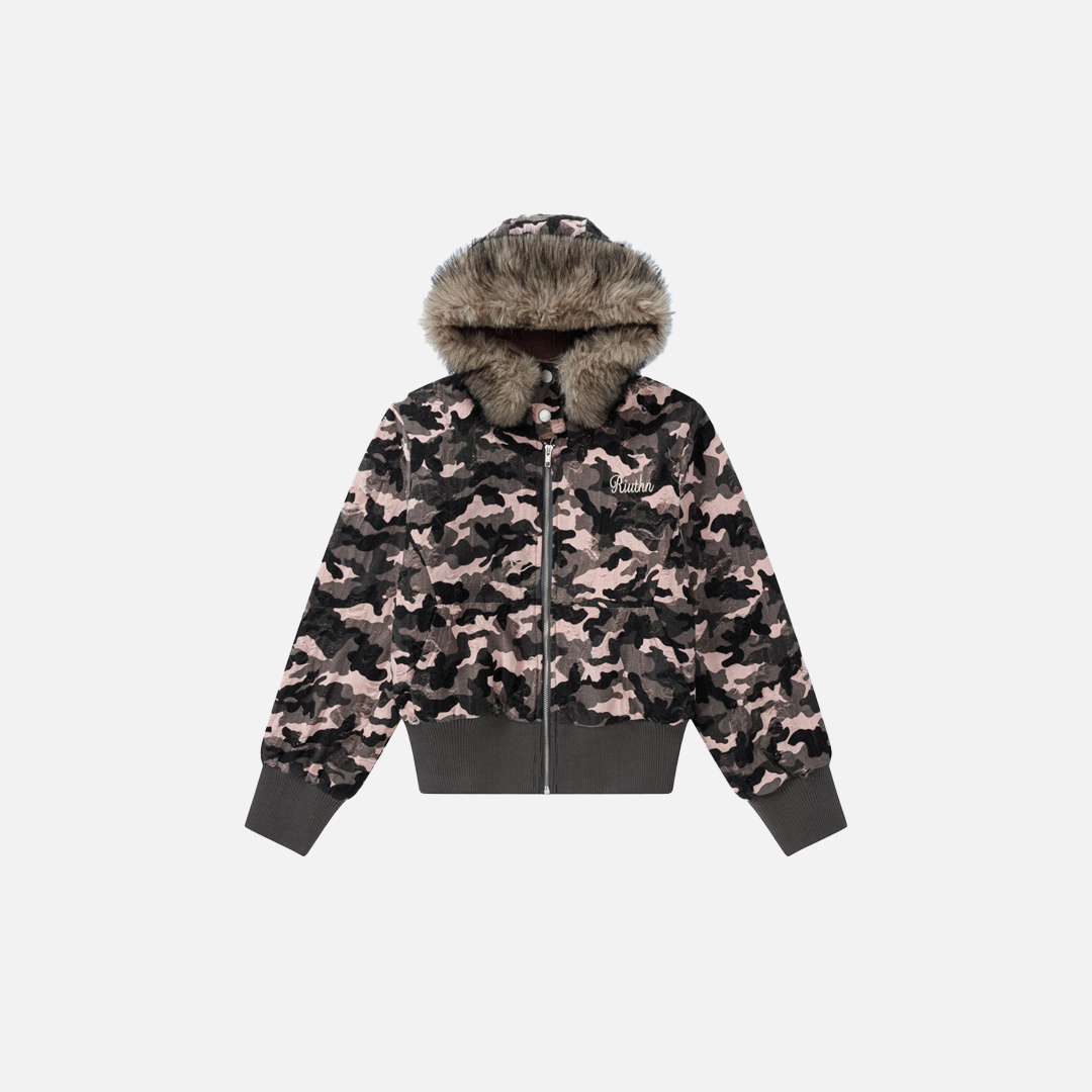 Chic Retro Camouflage Faux Furr Hooded Jacket - Luxuryurbanwear