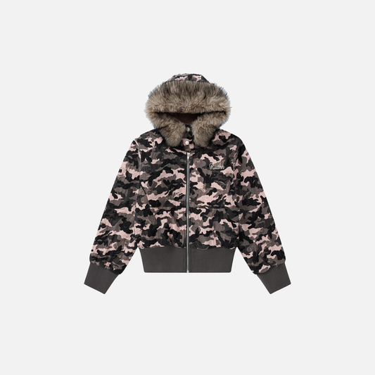 Chic Retro Camouflage Faux Furr Hooded Jacket - Luxuryurbanwear
