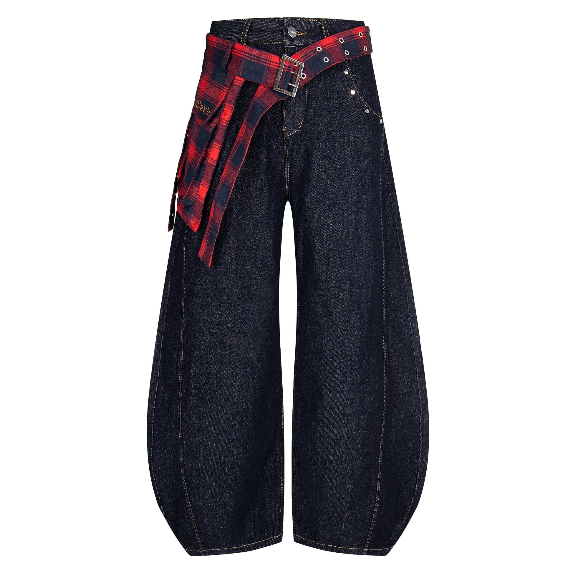 Plaid Reign | Wide-Leg Denim Trousers with Flannel Accent - Luxuryurbanwear