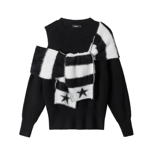 Star Stripe | One-Shoulder Knit Sweater with Scarf - Luxuryurbanwear