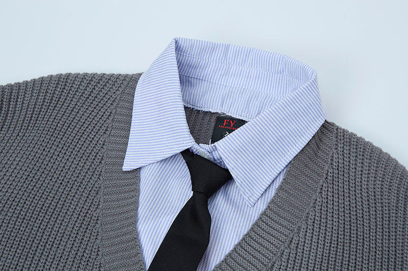 Prep Layer | Knit Cardigan with Shirt & Tie Detail - Luxuryurbanwear