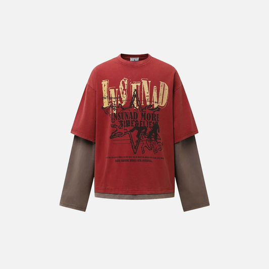 Y2K Fake Two Pieces Loose Fit Long Sleeve T-Shirt - Luxuryurbanwear