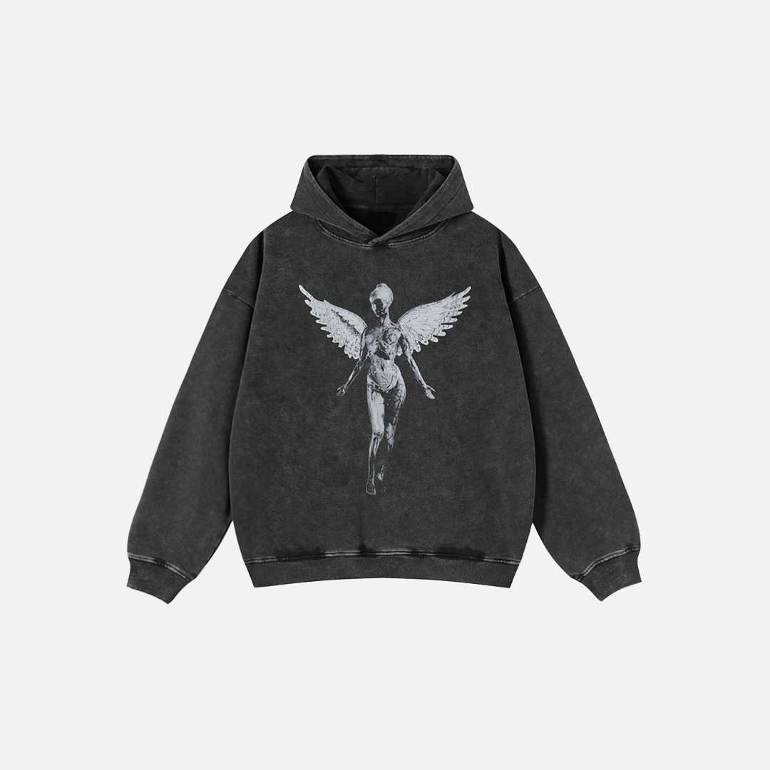 Oversized Angel Statue Washed Graphic Hoodie - Luxuryurbanwear