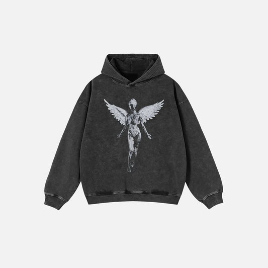 Oversized Angel Statue Washed Graphic Hoodie - Luxuryurbanwear