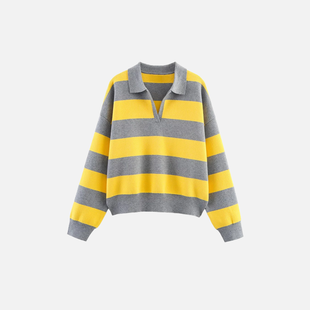 Insulated V-Neck Collar Striped Knit Polo Sweater - Luxuryurbanwear