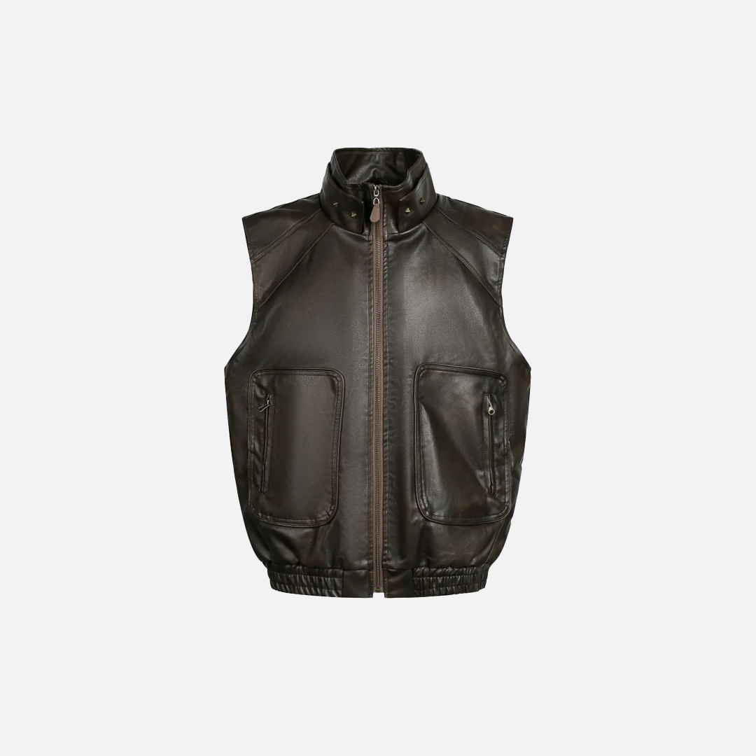 Retro Rivets Stand Collar Motorcycle Leather Vest - Luxuryurbanwear