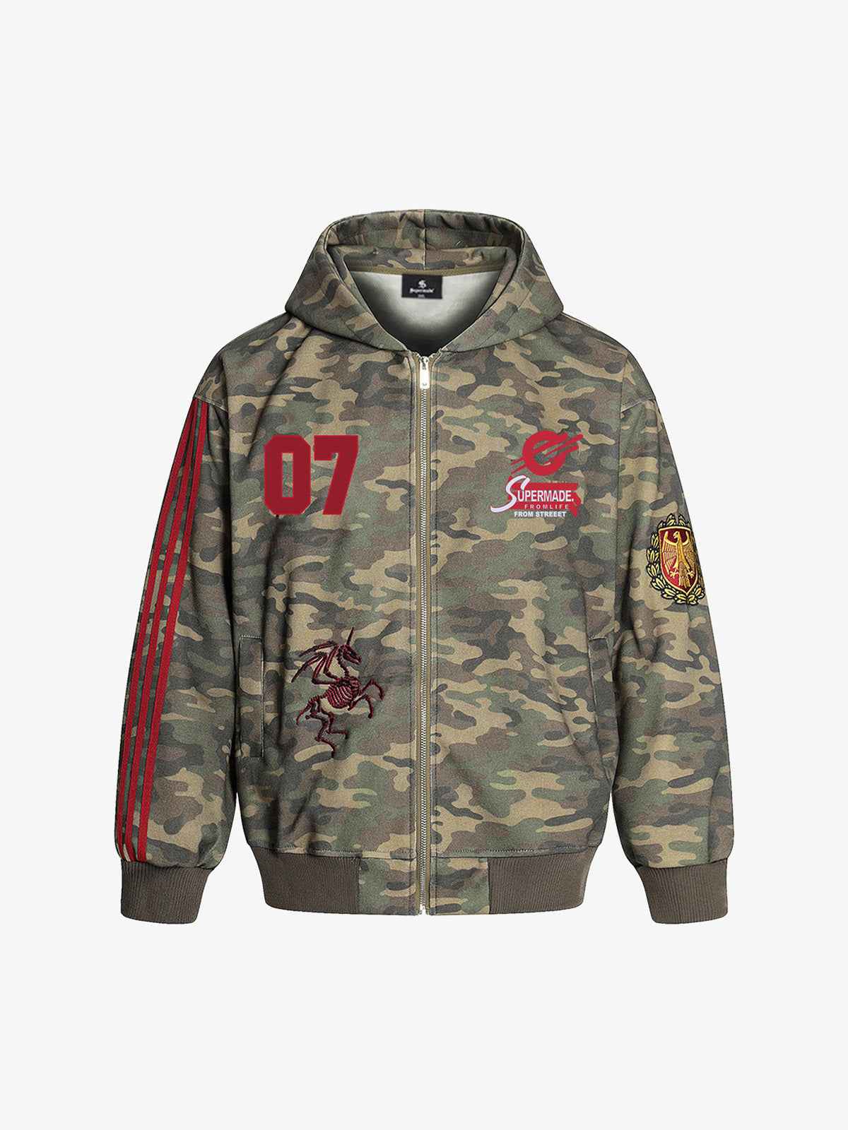 Vintage Heavy Embroidery Camo Zip-Up Hoodie
