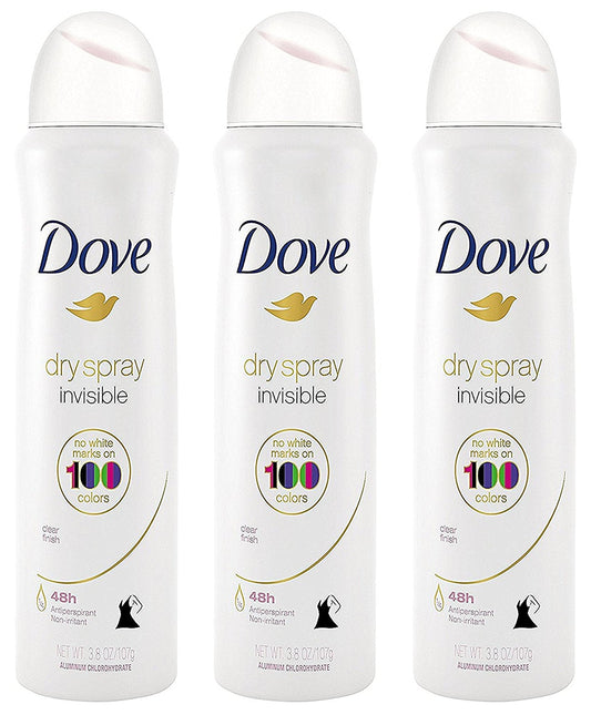 Dove Antiperspirant Dry Spray - Invisible - Clear Finish - 3.8 OZ (107 g) Per Can - Pack of 3 Cans
