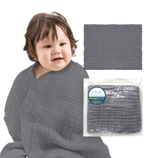LAnge Baby Towel - 100% Cotton Muslin 6 Layers Quick Dry Medical Grade Packaging for Infants and Newborns - 28 x 37in - Dove Gray