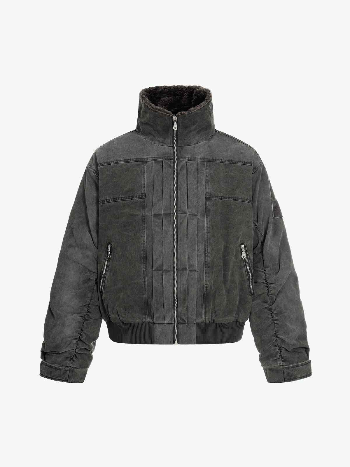 Vintage Distressed Pleated Shearling Collar Fleece Jacket