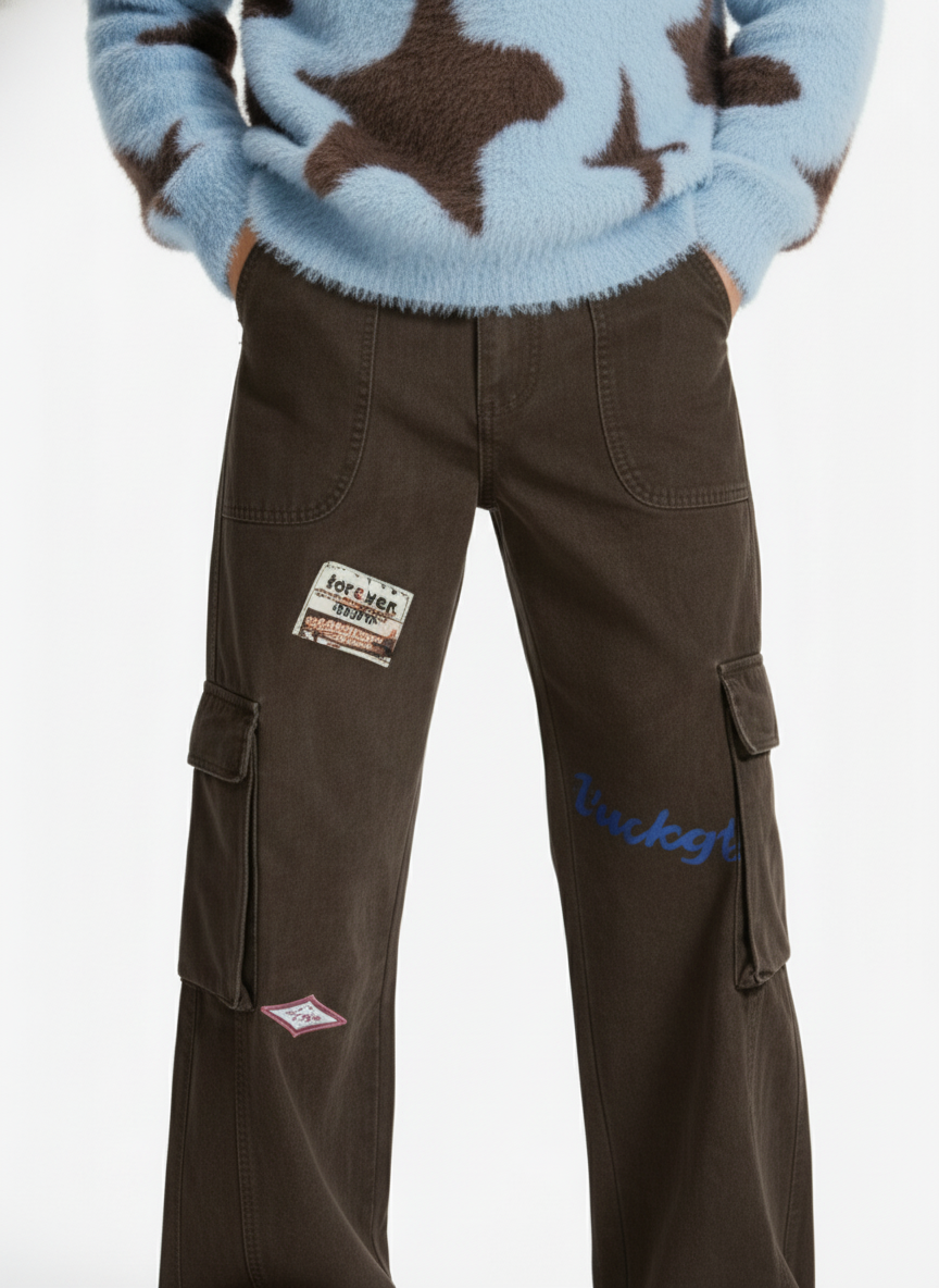 Retro Patchwork Graphic Multi-Pocket Flared Cargo Pants - Luxuryurbanwear