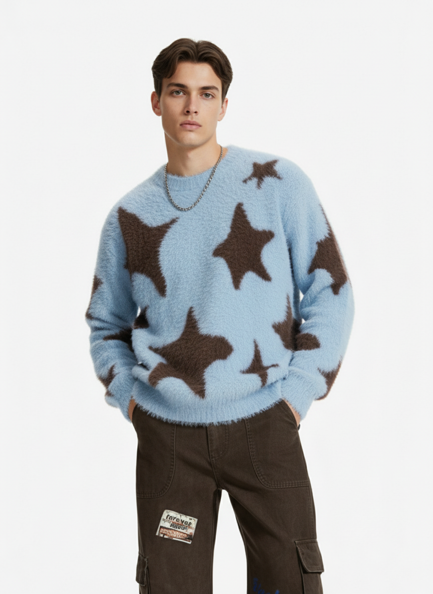 Fun Star Jacquard Sweater Crew Neck Sweater - Luxuryurbanwear