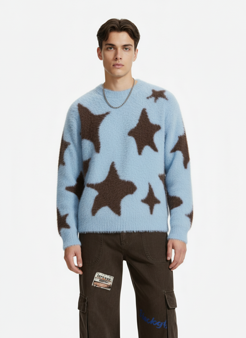 Fun Star Jacquard Sweater Crew Neck Sweater - Luxuryurbanwear