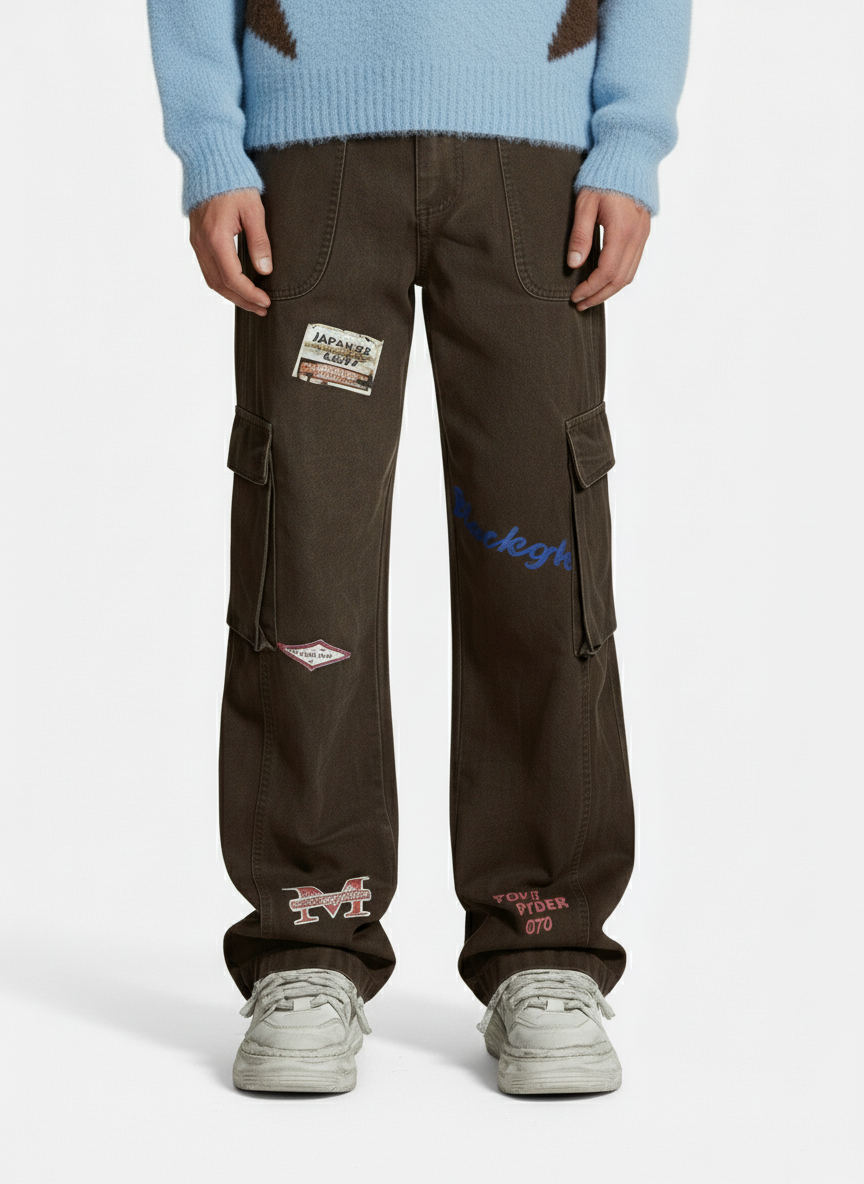 Retro Patchwork Graphic Multi-Pocket Flared Cargo Pants - Luxuryurbanwear