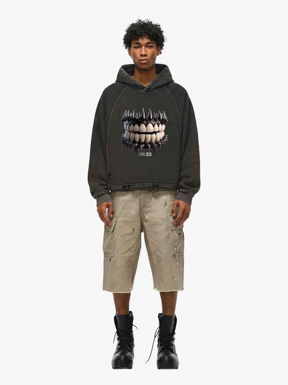 Dark Monster Teeth Graphic Cropped Hoodie