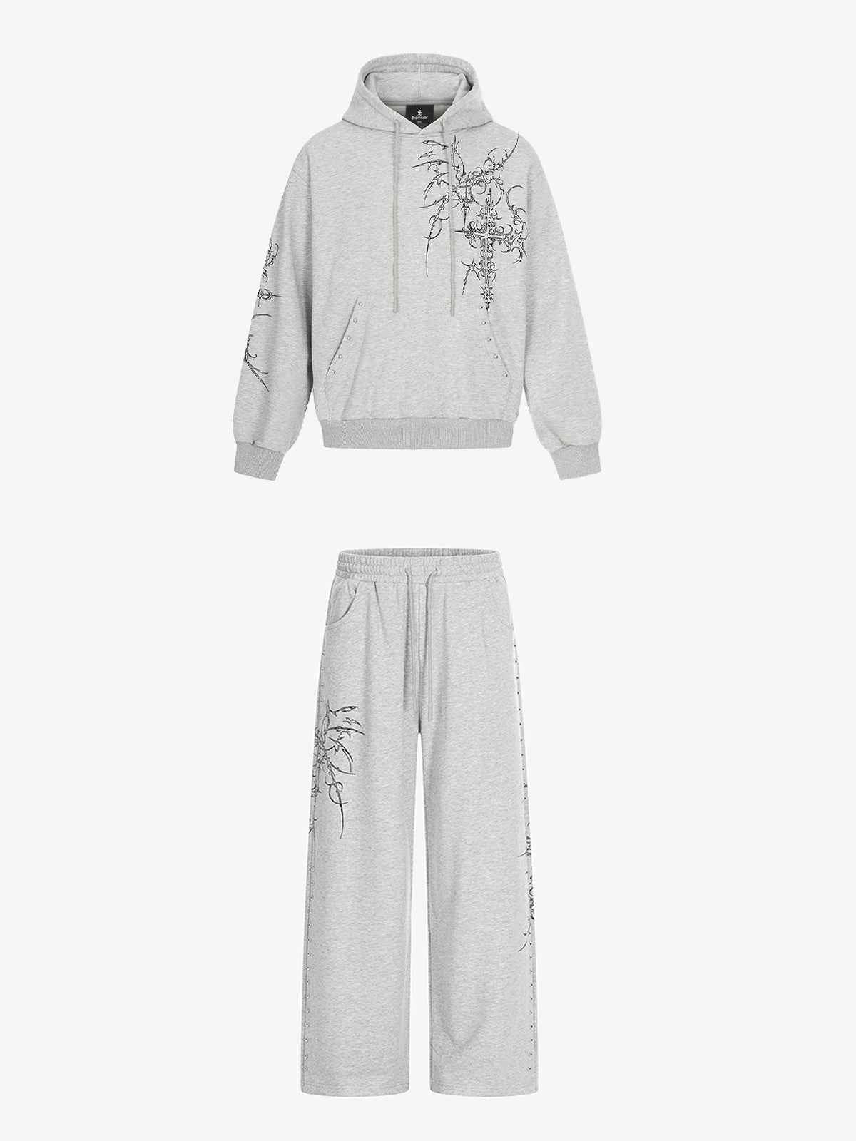 Floral Line Art Studded Pocket Hoodie
