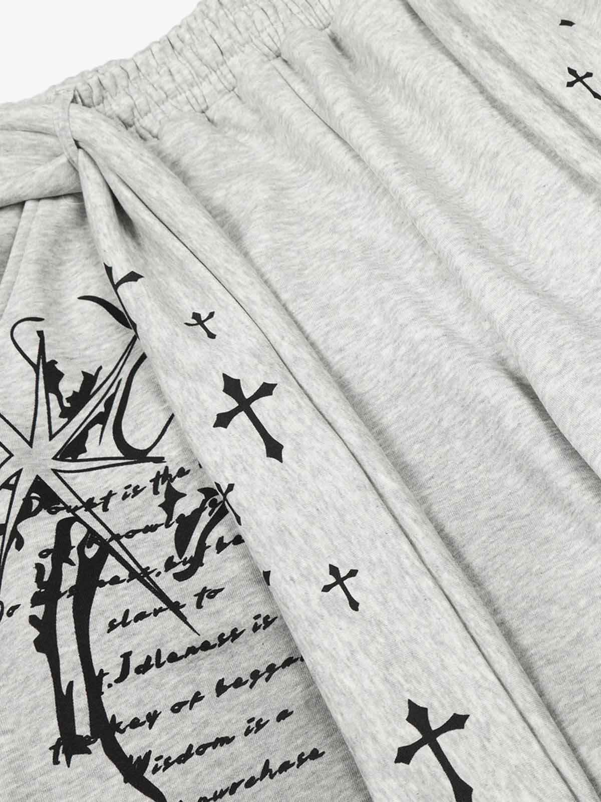 Cross Print Long Tie Detail Baggy Sweatpants