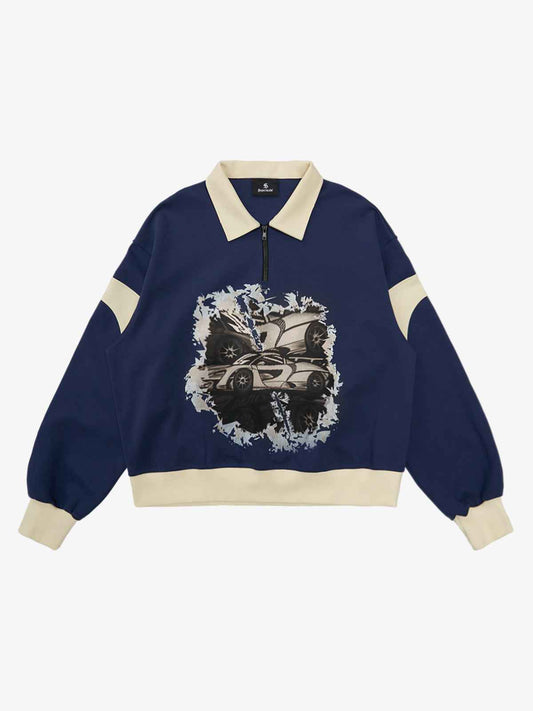 Original Racing Style Print Lapel Sweatshirt
