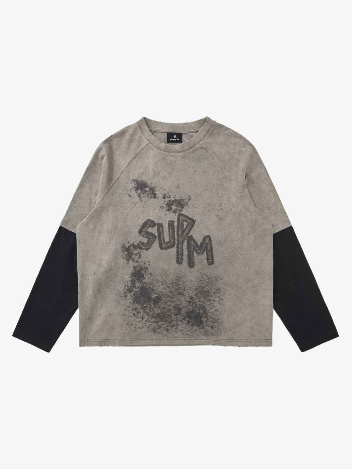 Washed Contrast Color Print Long Sleeve Cotton T-shirt