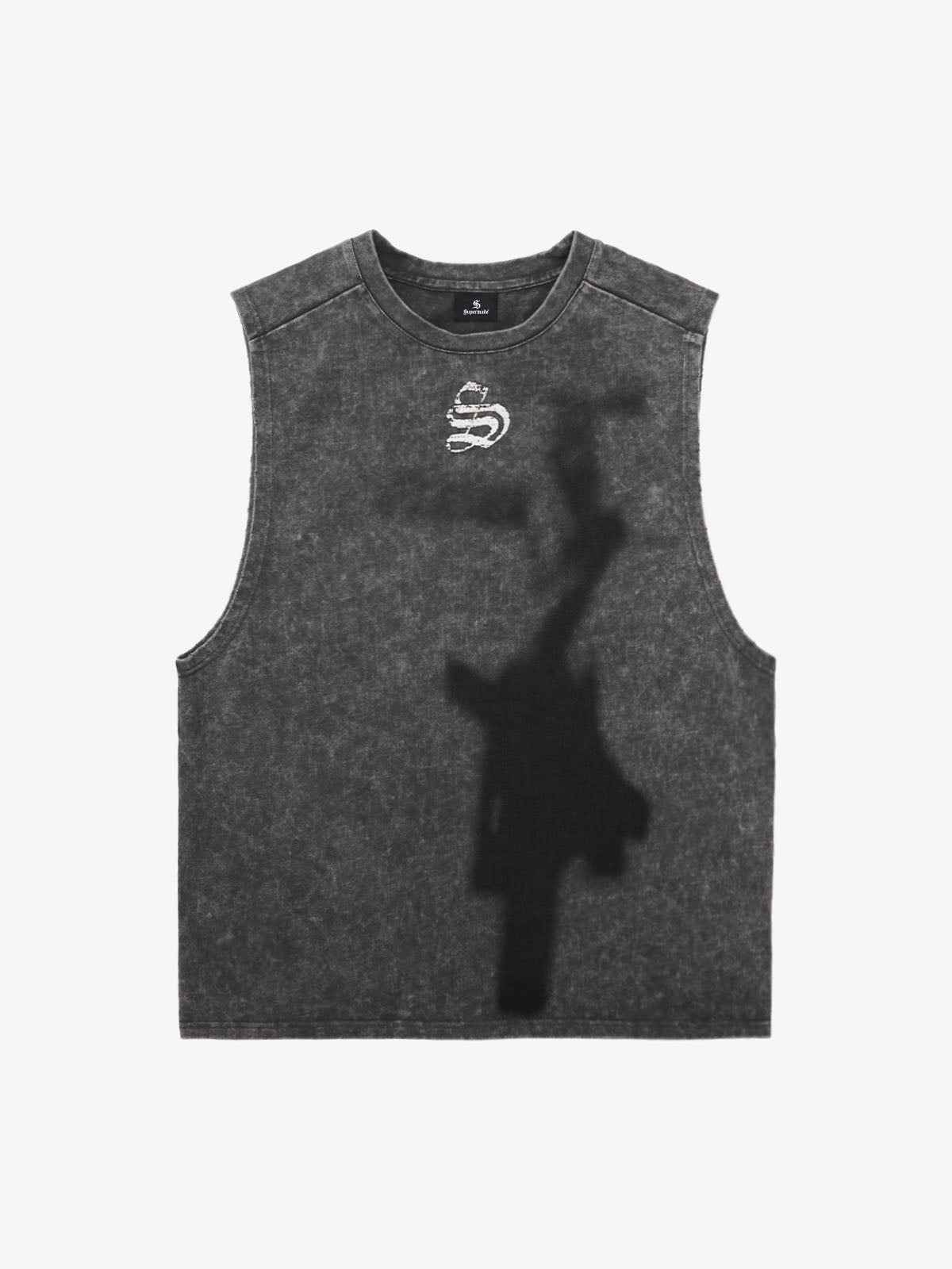 Cross-Print Distressed Washed Vest